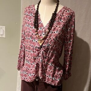 Divided Pink Patterned Tie-Front Blouse